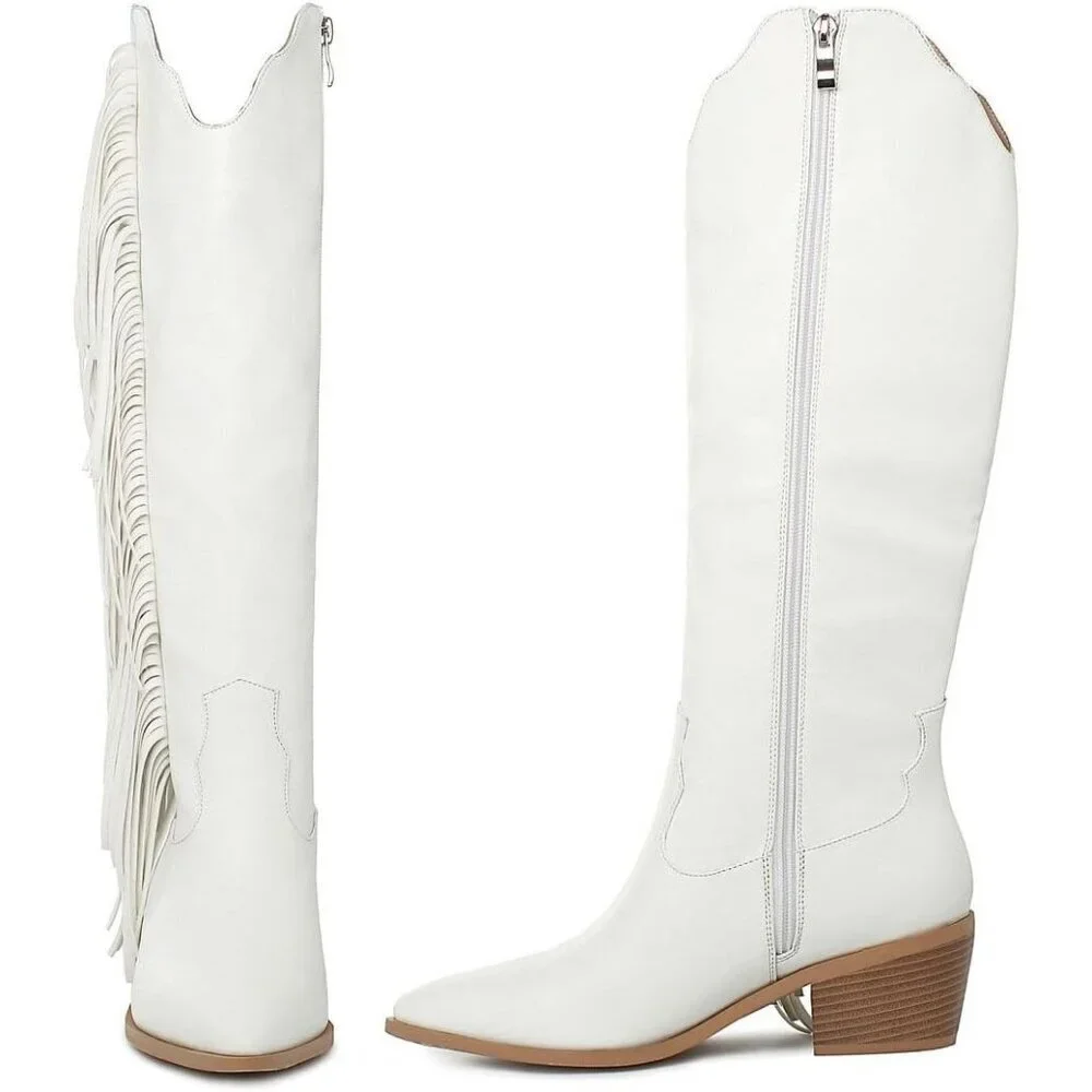 Women White Synthetic Fringe Tassels Pointed Toe Knee High Western Cowgirl Boots